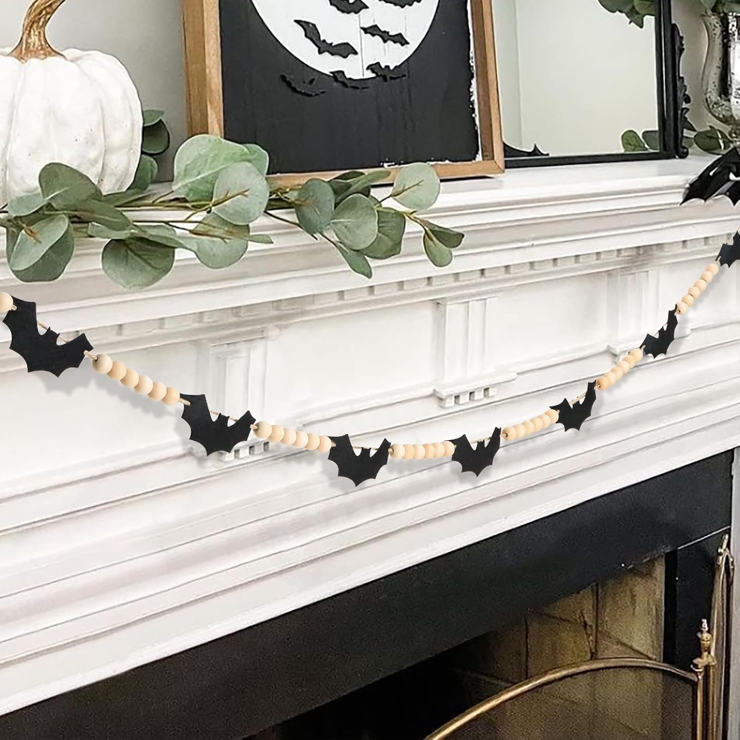Dalrosia Black Felt Bats Wood Beads Garland for Halloween Decorations Indoor- Farmhouse Felt Banner for Fireplace Mantel Walls
